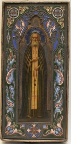 Résultat de ventes d'une icône russe Saint Séraphin de Sarov (tempera sur bois, oklad en argent et émail cloisonné). Commissaire-priseur à Paris, vente à l'Hôtel Drouot