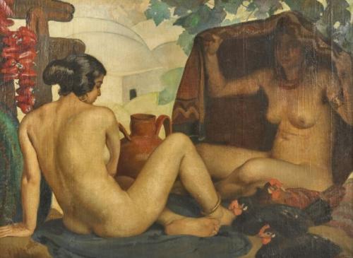 Résultat de vente d'un tableau d'Oscar Brazda intitulé Odalisques au jardin (huile sur toile). Commissaire-priseur à Paris, vente à l'Hôtel Drouot
