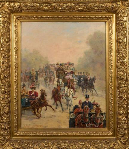 Résultat de vente d'un tableau de Adhémar Clermont de Gallerande intitulé Les calèches, huile sur toile. Commissaire-priseur à Paris, vente à l'Hôtel Drouot